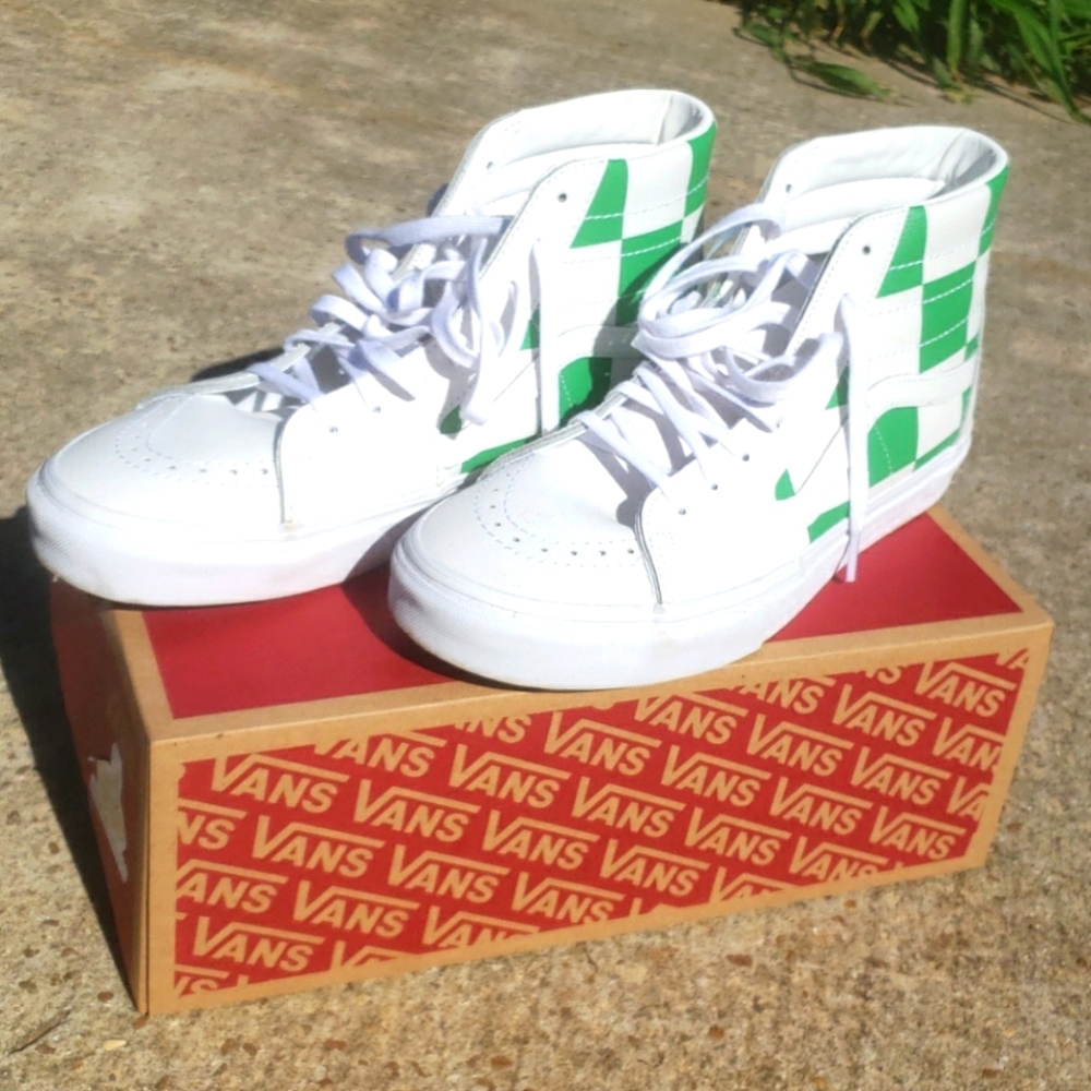 White and green hightop checked Vans